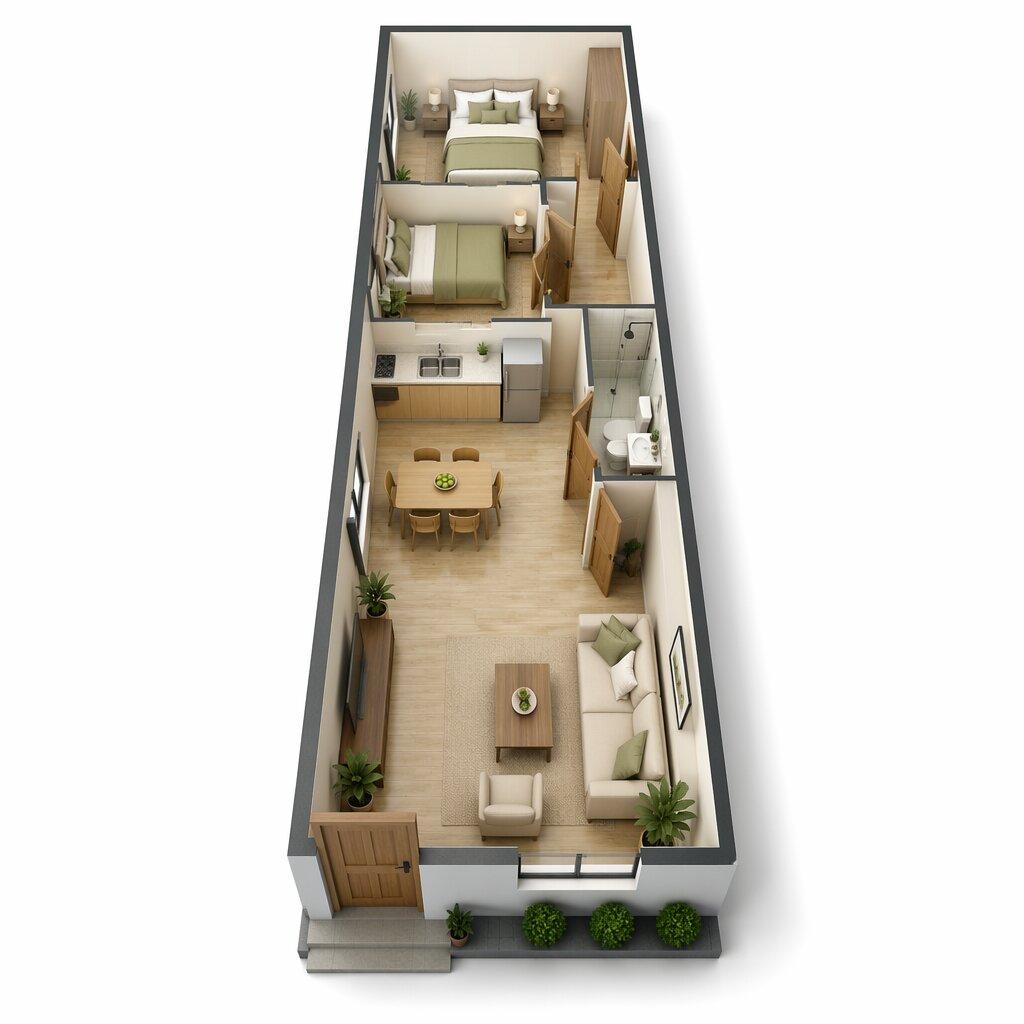 Bản vẽ công năng nhà 6x20m với 2 phòng ngủ được sắp xếp khoa học