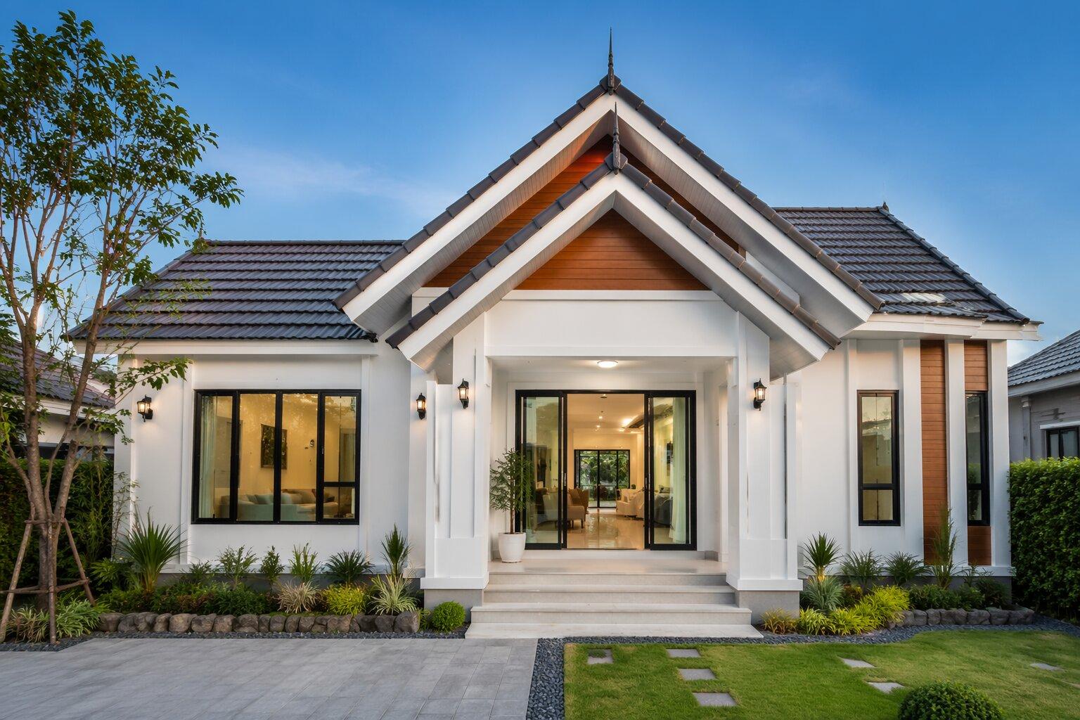 Mặt tiền nhà cấp 4 mái Thái nổi bật với kiến trúc thanh thoát và sang trọng