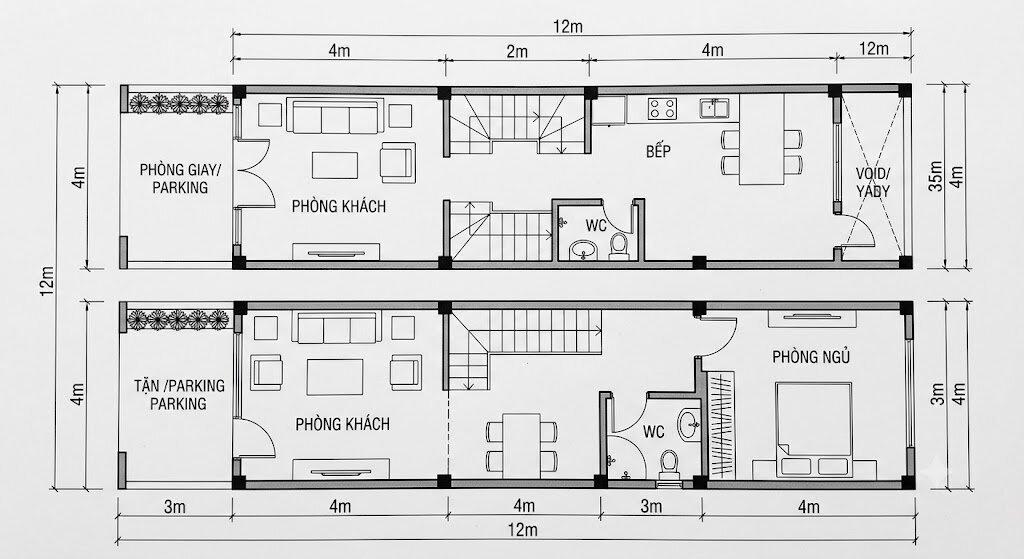 Bản vẽ mặt bằng 2D bố trí công năng tối ưu diện tích cho nhà ống 2 tầng mặt tiền 4m