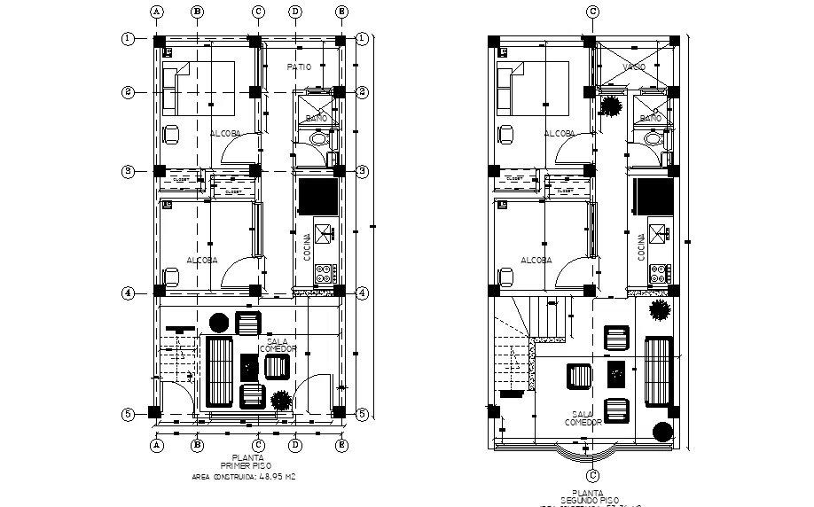 Bản vẽ 2D phân bổ không gian chức năng chi tiết cho nhà phố 2 tầng 5x15m (Nguồn: Internet)