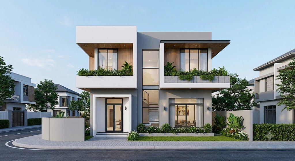 Bản vẽ 3D mặt tiền nhà 2 tầng 5x15m phong cách hiện đại, tinh tế
