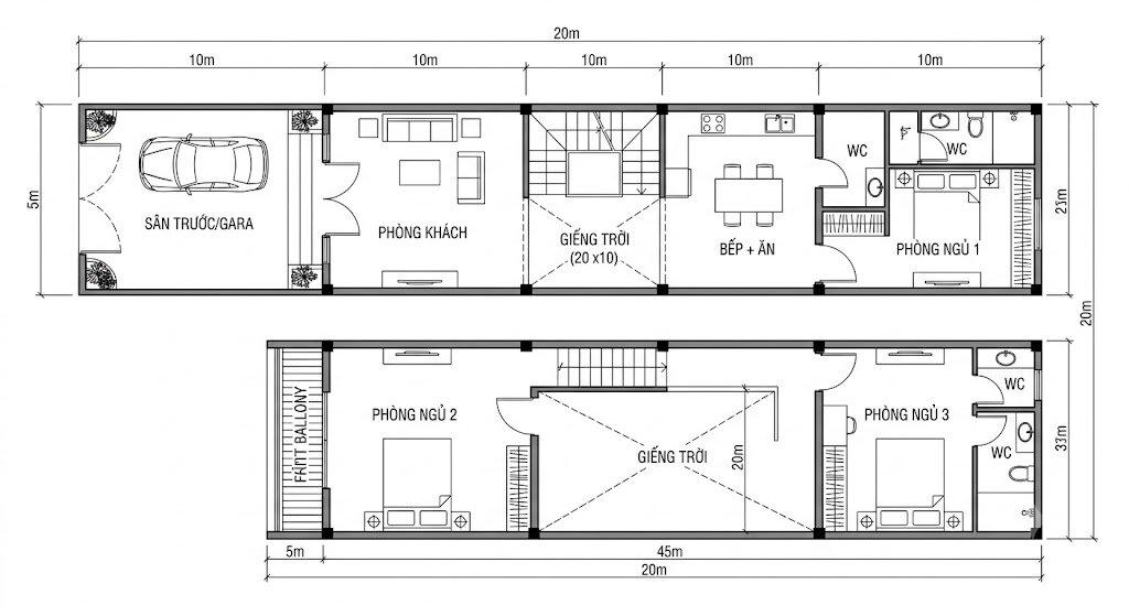 Bản vẽ 2D mặt bằng nhà 2 tầng 5x20m có bố trí khu vực gara đỗ xe và sân vườn