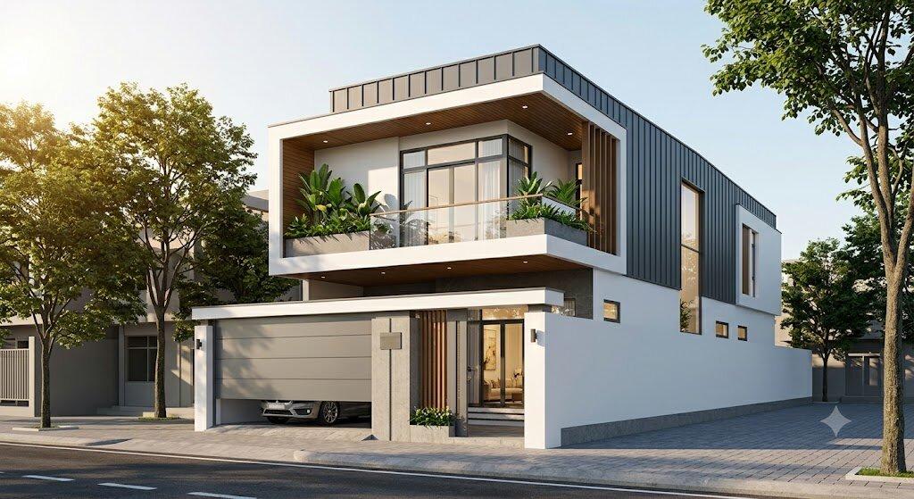Bản vẽ 3D phối cảnh kiến trúc nhà 2 tầng 5x20m hiện đại, tối ưu không gian xanh