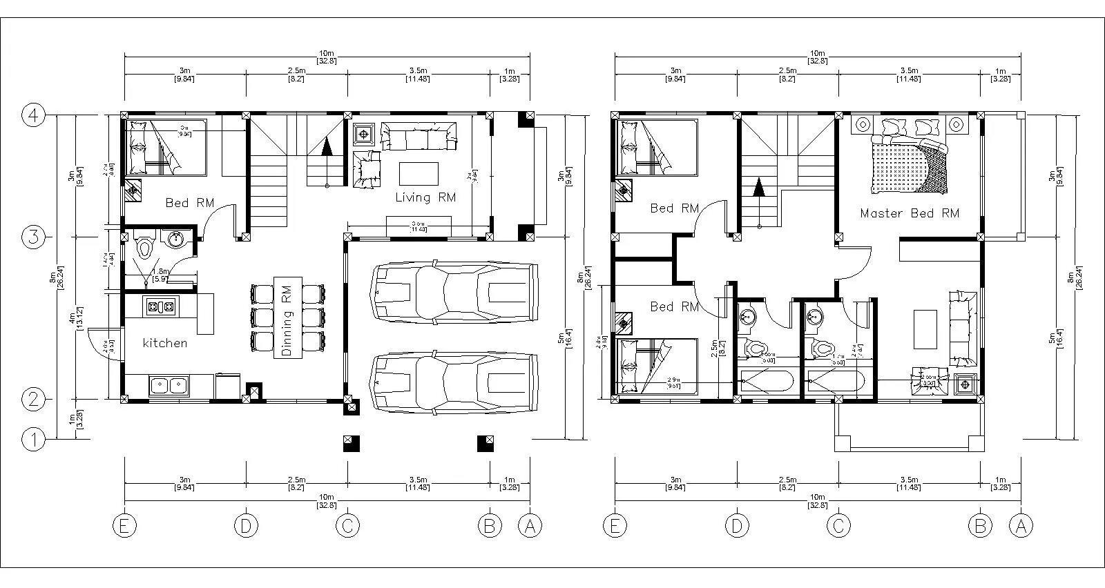 Bản vẽ 2D chi tiết công năng nhà 2 tầng 8x10m thiết kế khối vuông vắn, khoa học (Nguồn: Internet)