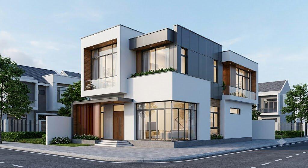Bản vẽ 3D kiến trúc ngoại thất nhà 2 tầng 8x10m sang trọng, bề thế
