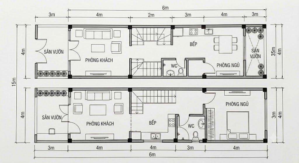 Bản vẽ mặt bằng 2D phân bổ luồng giao thông hợp lý cho nhà 2 tầng 6x12m