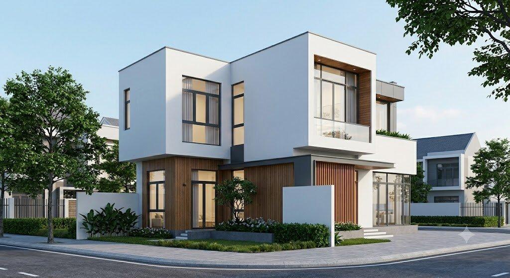 Bản vẽ phối cảnh 3D mặt tiền nhà 2 tầng 6x12m ứng dụng hệ ban công kính hiện đại