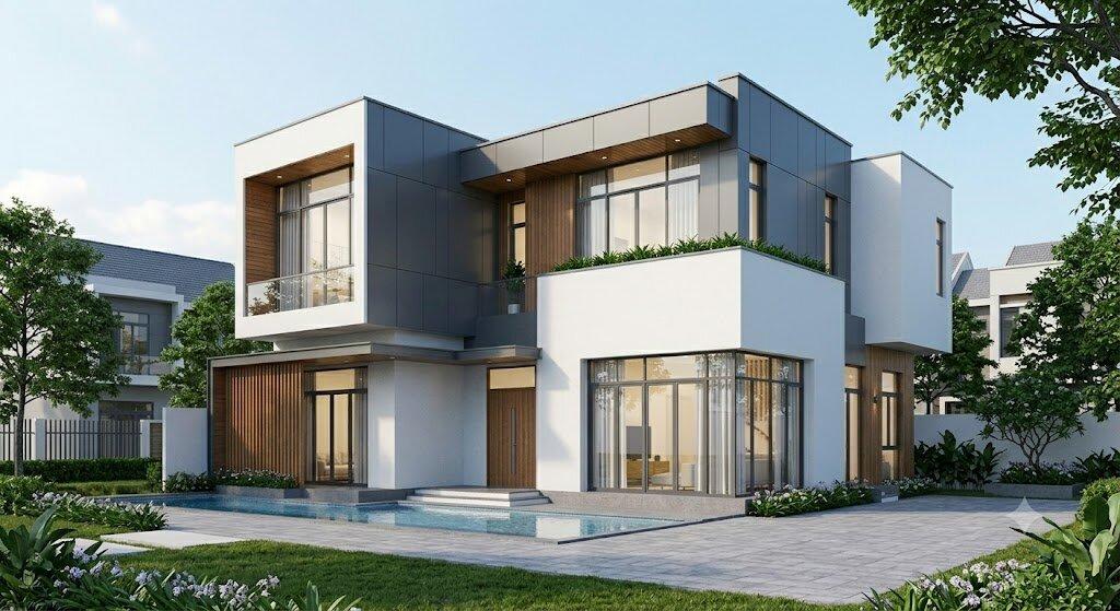 Bản vẽ 3D thiết kế mặt tiền nhà 2 tầng 10x15m kết hợp khuôn viên tiểu cảnh