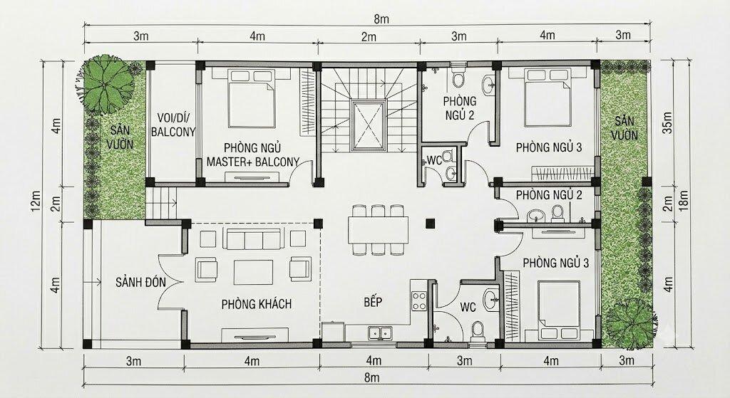 Bản vẽ 2D bố trí mặt bằng biệt thự mini 2 tầng mặt tiền 7m chuẩn phong thủy