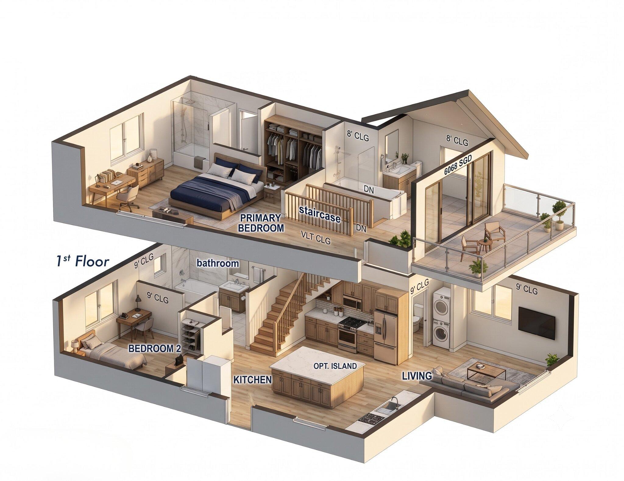 Bản vẽ 3D phối cảnh nhà 2 tầng 2 phòng ngủ phong cách hiện đại, tiện nghi
