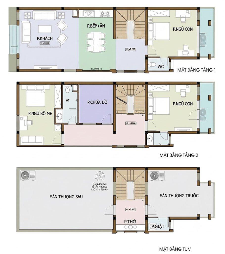 Bản vẽ 2D bố trí mặt bằng nhà 2 tầng 3 phòng ngủ khoa học cho gia đình trẻ