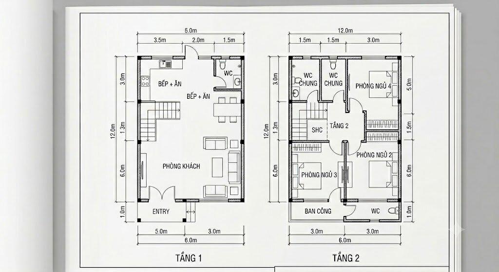 Bản vẽ mặt bằng 2D chia không gian nhà 2 tầng 4 phòng ngủ rộng rãi, thoải mái