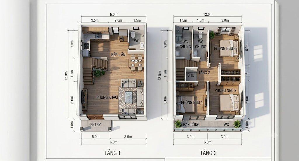 Bản vẽ 3D tổng thể kiến trúc nhà 2 tầng 4 phòng ngủ bề thế, sang trọng