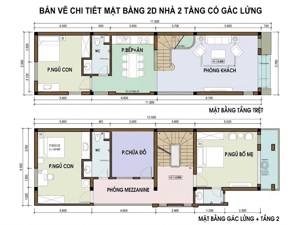 Bản vẽ mặt cắt 2D bố trí hệ gác lửng thông minh cho nhà 2 tầng
