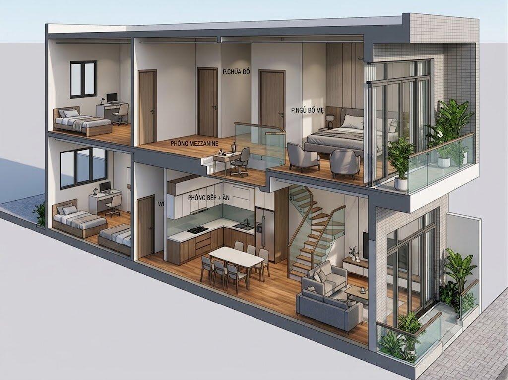 Bản vẽ 3D thiết kế không gian mở cho nhà 2 tầng có gác lửng