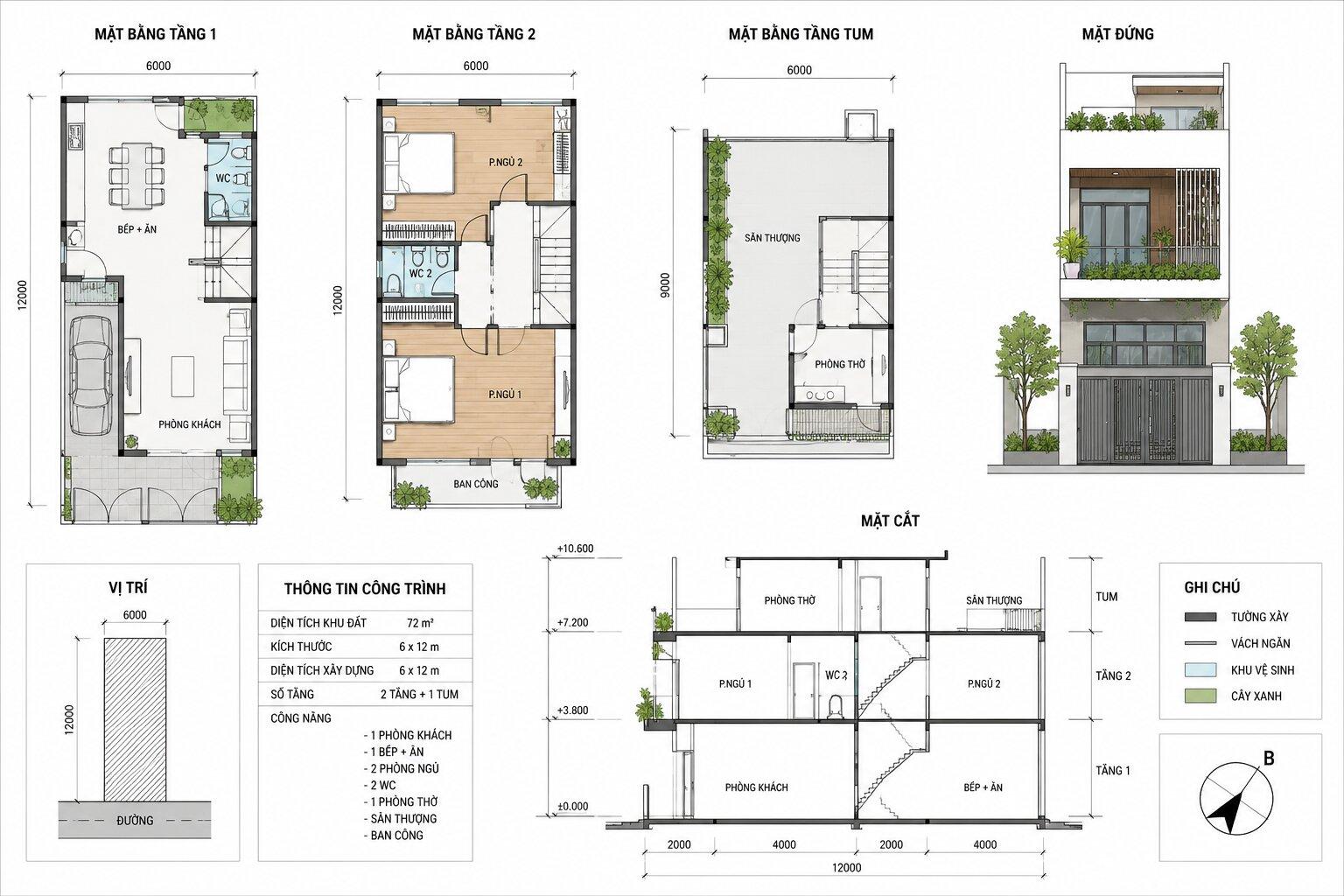 Bản vẽ 2D mặt bằng nhà 2 tầng 1 tum kết hợp sân thượng đa năng