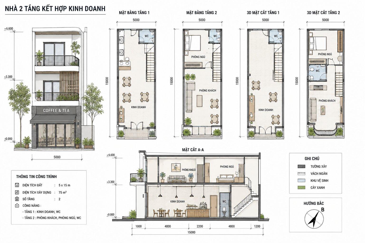 Bản vẽ 2D tách biệt luồng giao thông sinh hoạt và khu vực kinh doanh tầng trệt