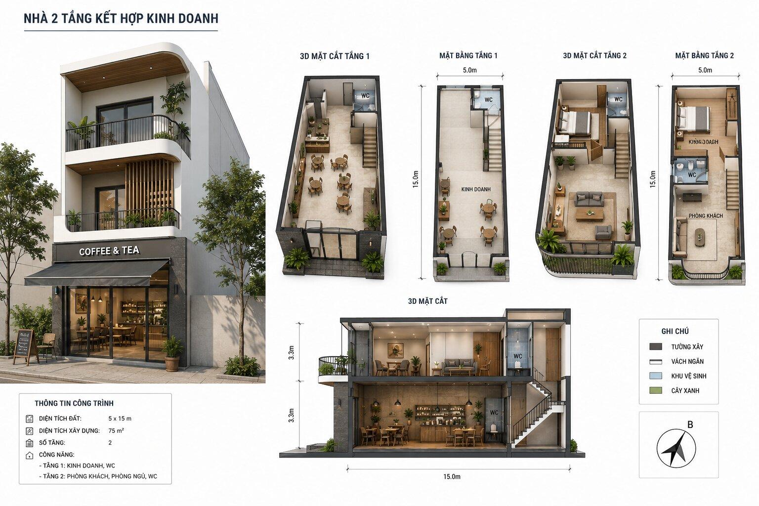 Bản vẽ 3D mặt tiền nhà 2 tầng kết hợp kinh doanh với thiết kế kính tối ưu không gian mở