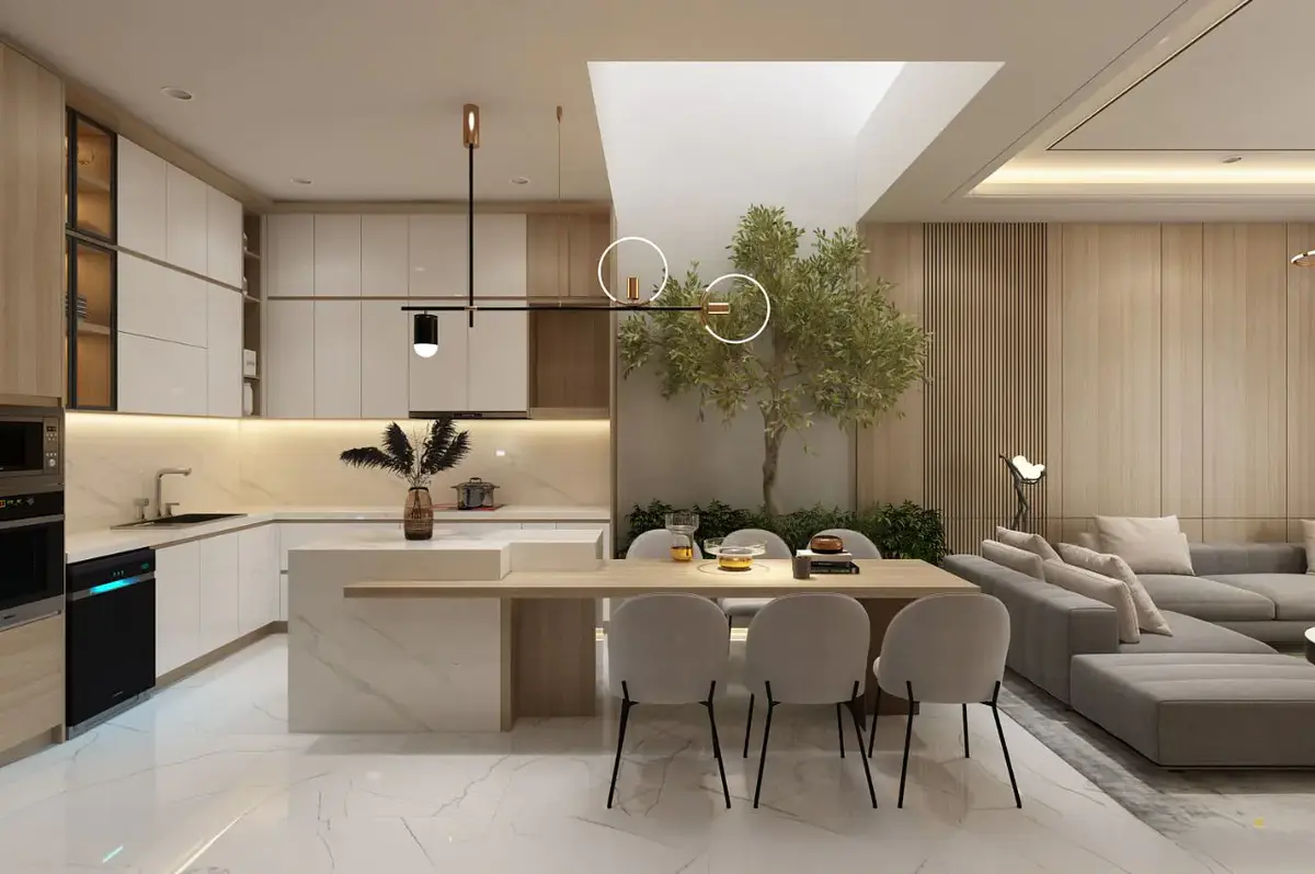 Gia chủ có thể thiết kế bếp ăn liên thông với phòng khác để tối ưu công năng cho ngôi nhà. (Nguồn: Internet)
