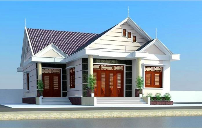 Mặt tiền mẫu nhà cấp 4 3 gian có hệ thống cửa ra vào, cửa sổ gỗ hiện đại (Nguồn: Internet)