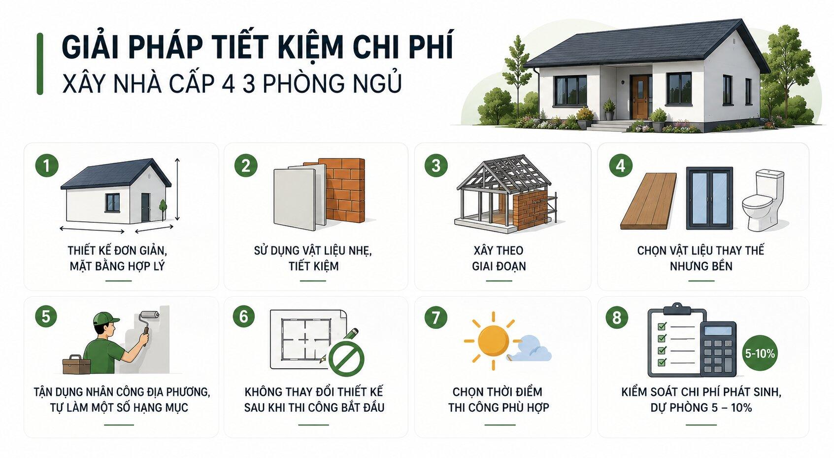 Giải pháp tiết kiệm chi phí xây nhà cấp 4 3 phòng ngủ mà gia chủ có thể tham khảo