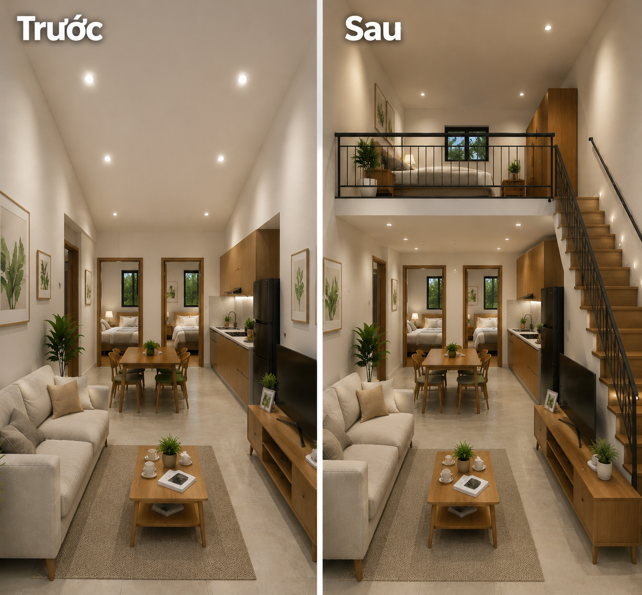Hình ảnh trước và sau khi cơi nới thêm gác lửng cho nhà cấp 4