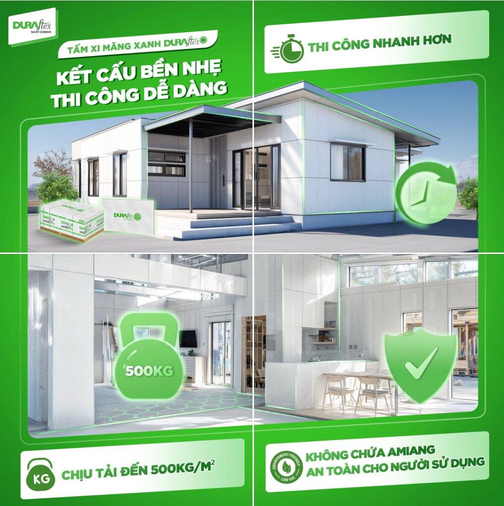 Tấm xi măng xanh Duraflex kết cấu bền nhẹ thi công dễ dàng