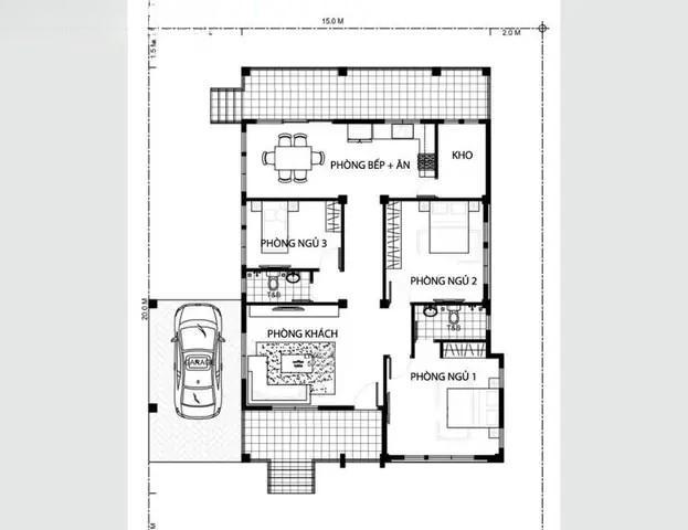 Bản vẽ nhà cấp 4 2 phòng ngủ 80m2 2 phòng ngủ có gara để xe tiện lợi (Nguồn: Internet)
