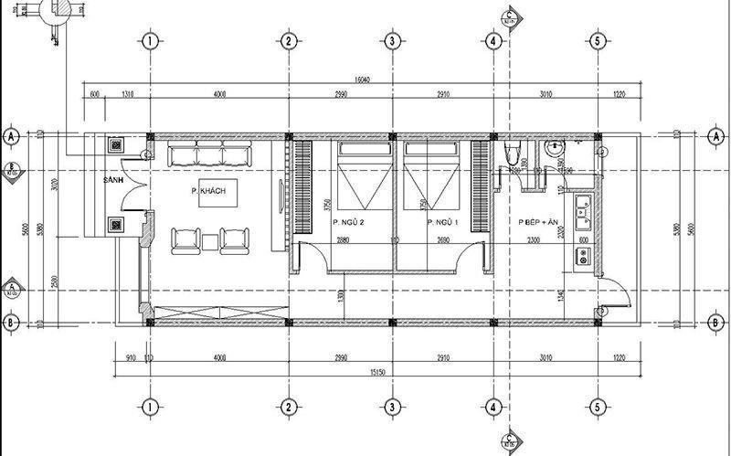 Bản vẽ mặt bằng nhà cấp 4 80m2 2 phòng ngủ ở giữa nhà (Nguồn: Internet)
