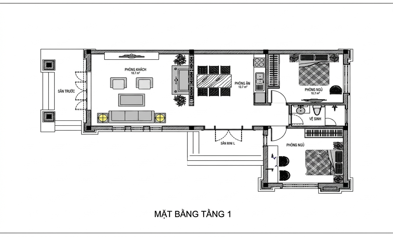 Bản vẽ bố trí công năng nhà cấp 4 80m2 2 phòng ngủ chữ L