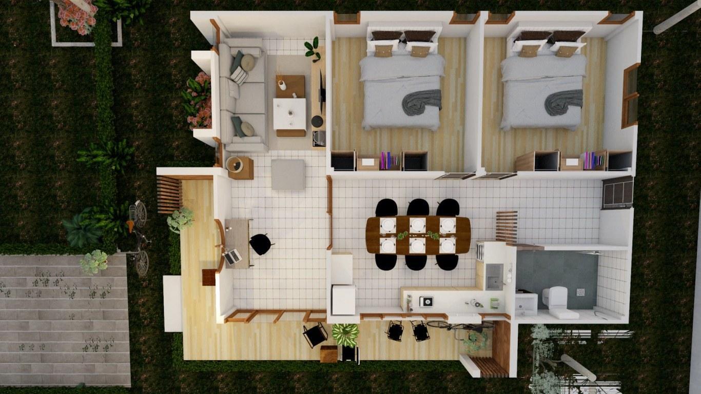 Bản vẽ 3D mặt bằng công năng nhà cấp 4 2 phòng ngủ 80m2 có sân trước (Nguồn: Internet)