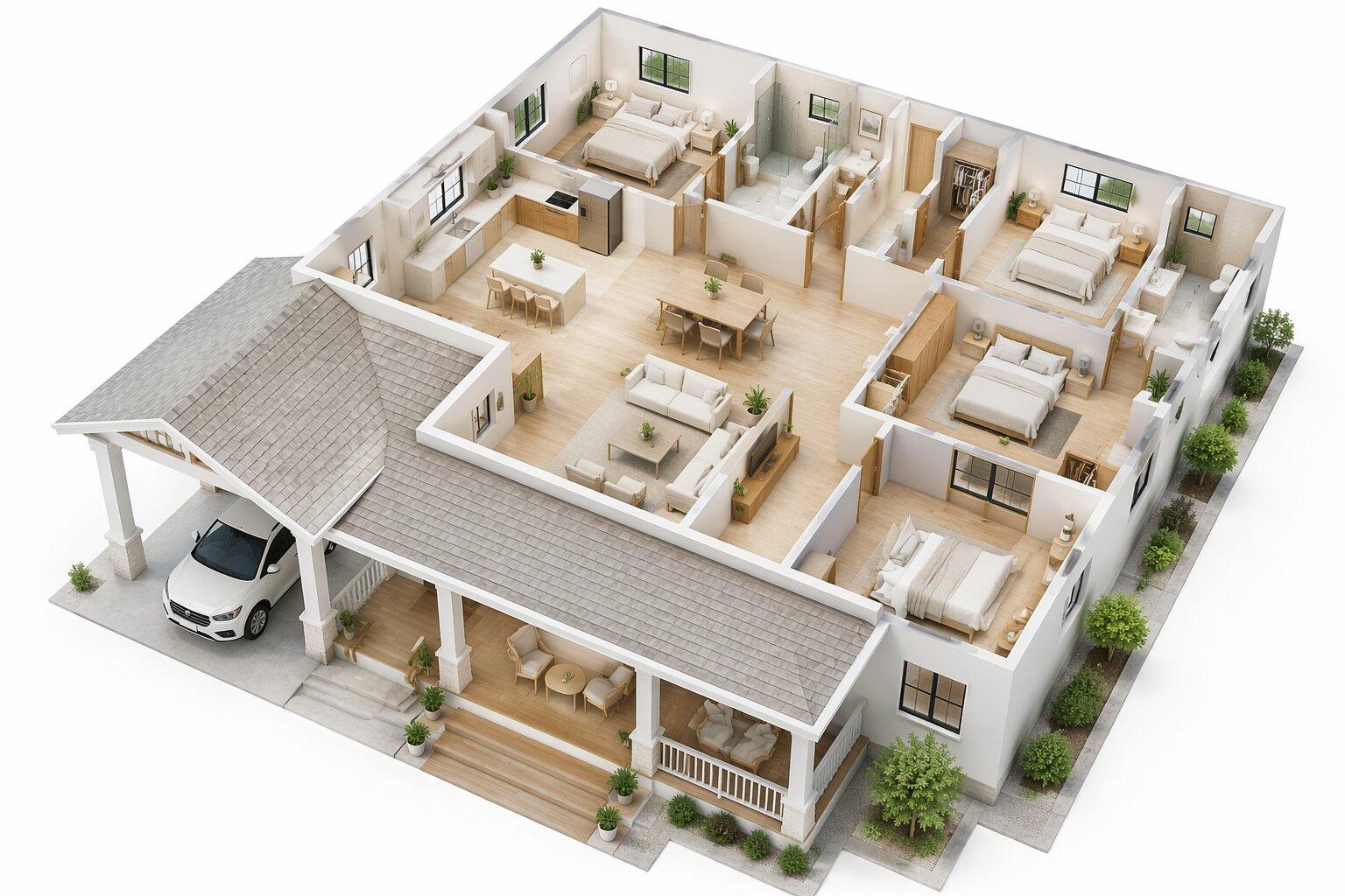 Nhà cấp 4 rộng 150m2 với mái hiện rộng để xe và tạo không gian thư giãn