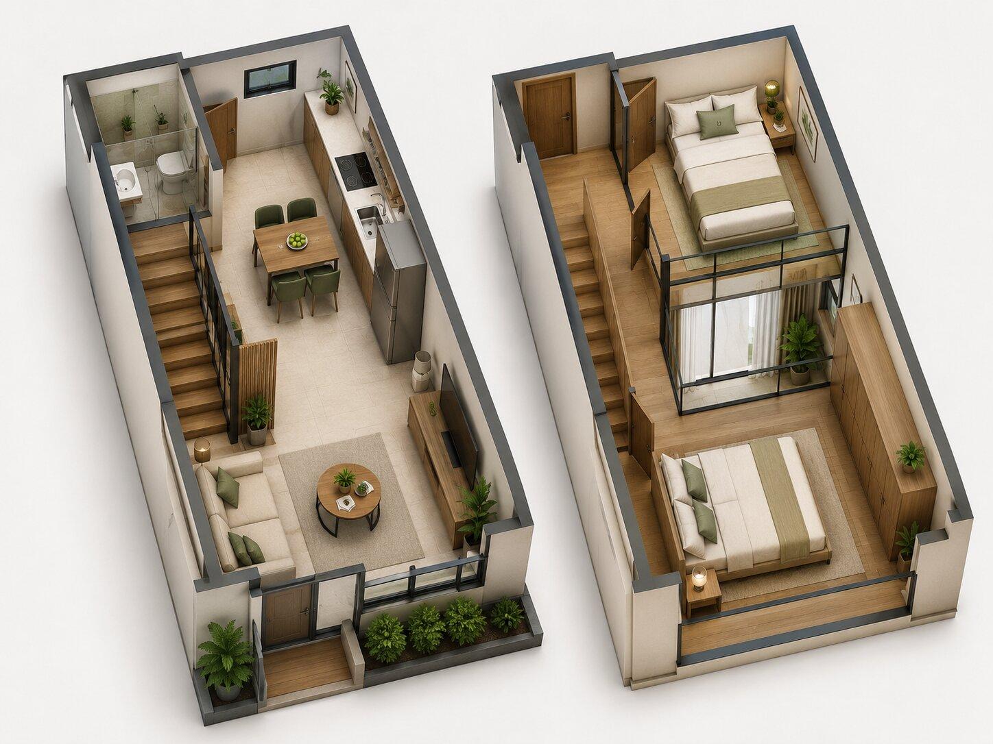 Gợi ý cách bố trí 2 phòng ngủ trên gác lửng trong nhà cấp 4 40m2