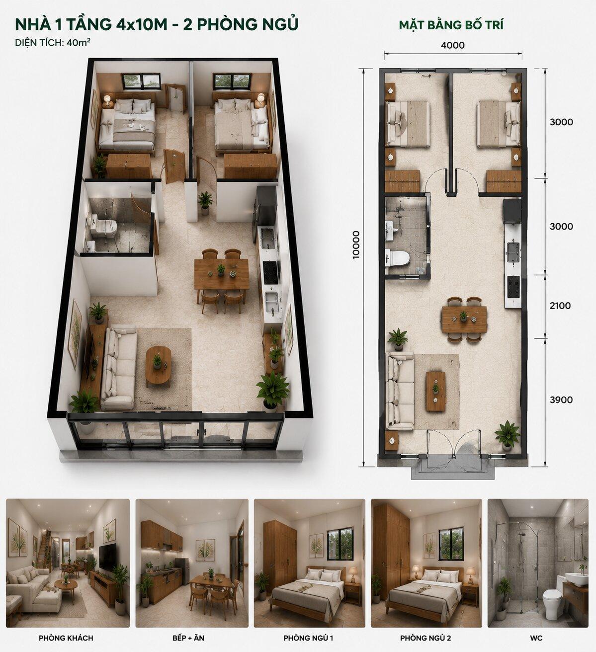 Gợi ý mẫu bản vẽ nhà cấp 4 40m2 2 phòng ngủ ở cuối nhà