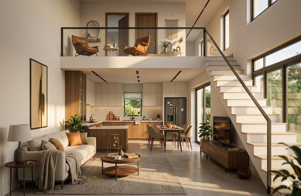 Không gian nhà cấp 4 100m2 gác lửng thoáng đãng với thiết kế mở hiện đại kết hợp 2 phòng ngủ tiện nghi