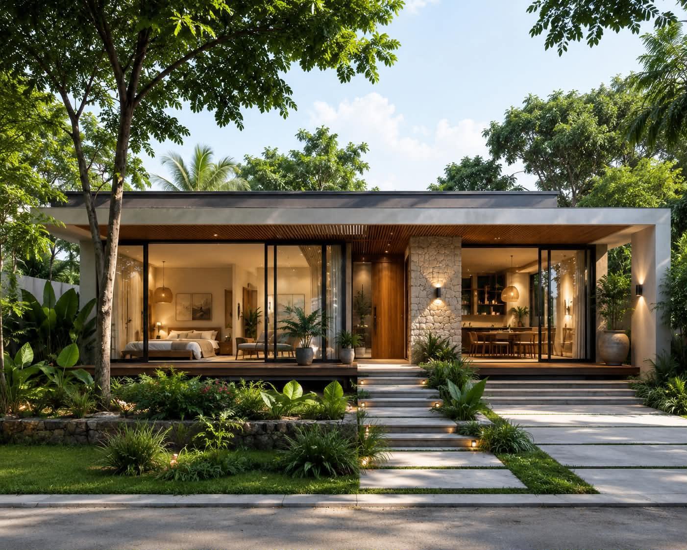 Mẫu nhà cấp 4 2 phòng ngủ với ngoại thất hài hòa với thiên nhiên, sử dụng vật liệu gỗ và đá tự nhiên