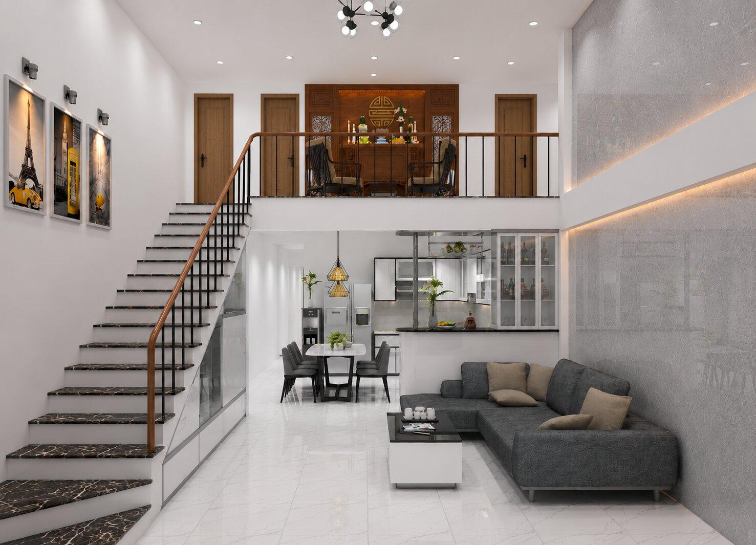 Thiết kế nhà cấp 4 gác lửng bố trí hài hòa giữa 3 phòng ngủ và không gian phòng thờ trang nghiêm