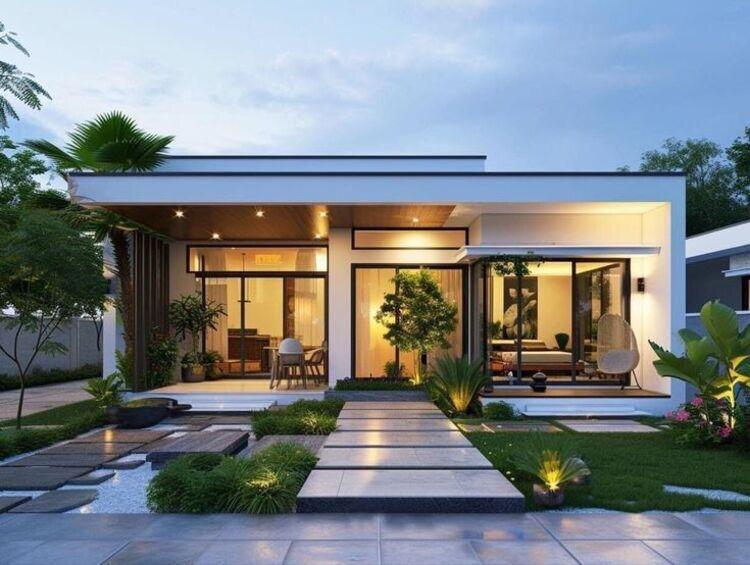 Không gian nhà cấp 4 mái bằng hiện đại với thiết kế mở kết hợp sân vườn xanh mát (Nguồn: Internet)