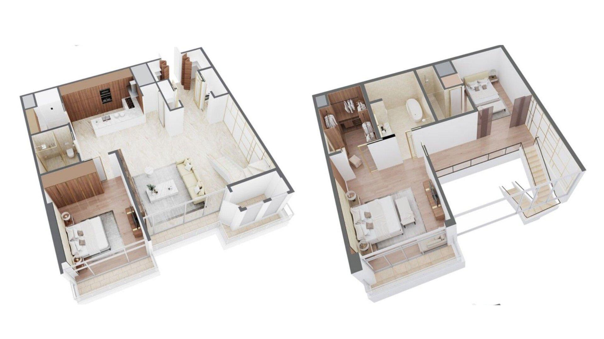 Phối cảnh 3D mẫu nhà gác lửng hiện đại, tận dụng chiều cao để tăng diện tích sàn