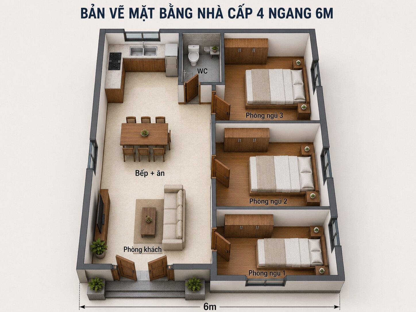 Bản vẽ 3D mẫu nhà cấp 4 ngang 6m có 3 phòng ngủ liền kề nhau