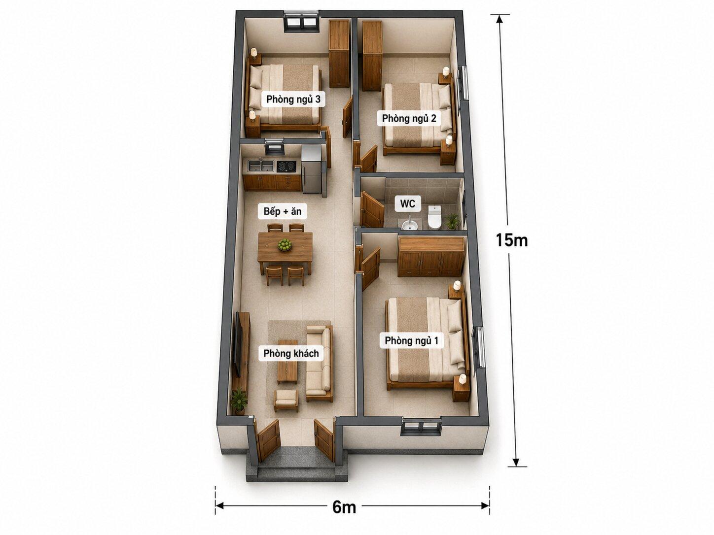 Gợi ý cách bố trí 3 phòng ngủ hình chữ L trong nhà cấp 4 ngang 6m