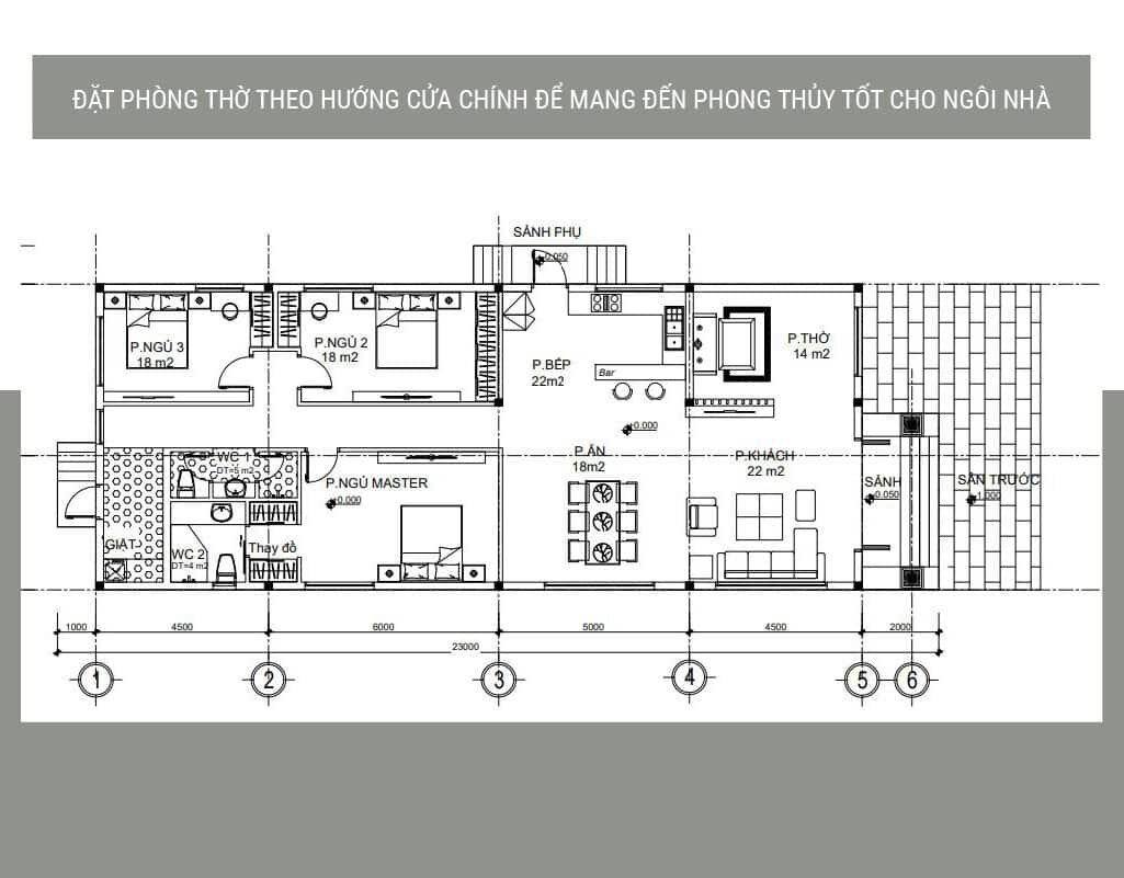 Bản vẽ mặt bằng nhà cấp 4 ngang 6m 3 phòng ngủ bố trí tách cụm 1 phòng master 2 phòng ngủ nhỏ (Nguồn: Internet)