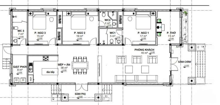 Bản vẽ mặt bằng nhà cấp 4 3 phòng ngủ ngang 6m sâu 15m (Nguồn: Internet)
