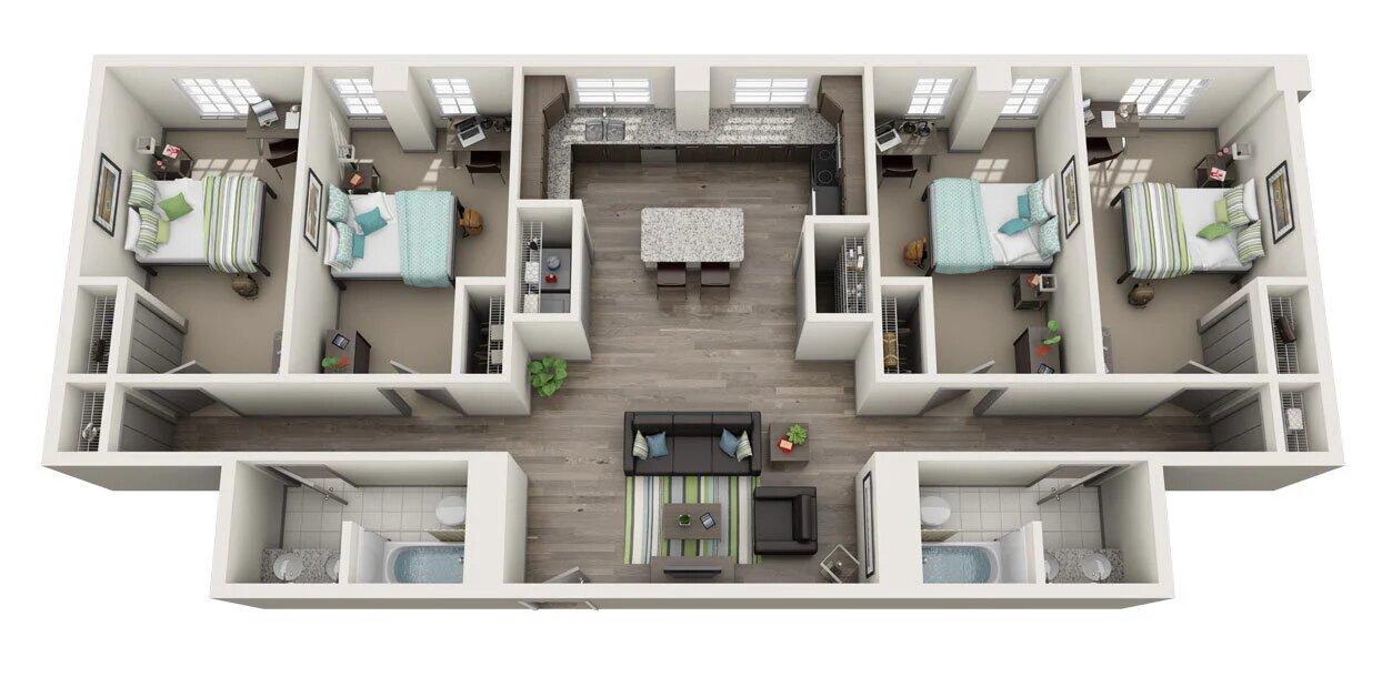 Mô hình căn nhà ống diện tích 100m² với 4 phòng ngủ (Nguồn: Internet)