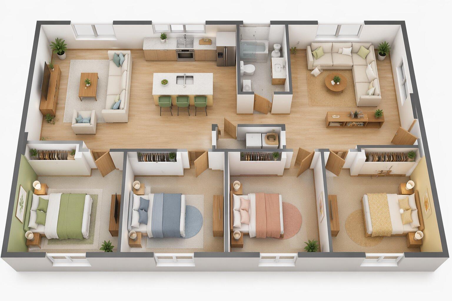 Bố trí các phòng ngủ về một phía trong ngôi nhà 1 tầng 4 phòng ngủ 120m2