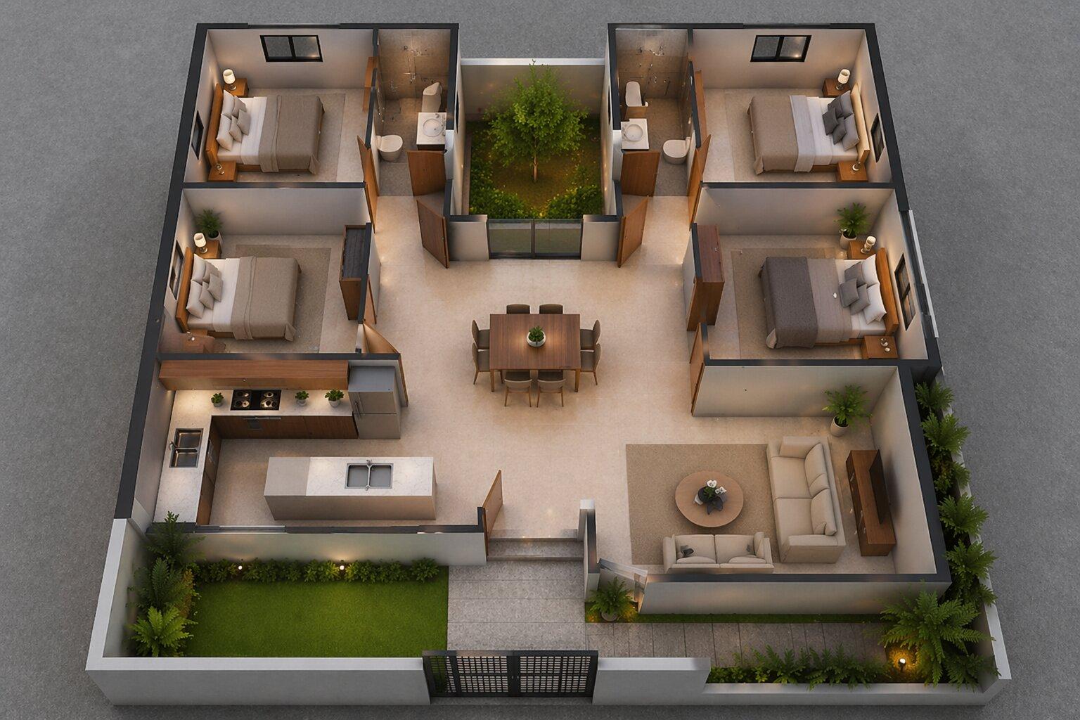 Gợi ý bố trí không gian có giếng trời đối với nhà 120m2 có mặt tiền rộng