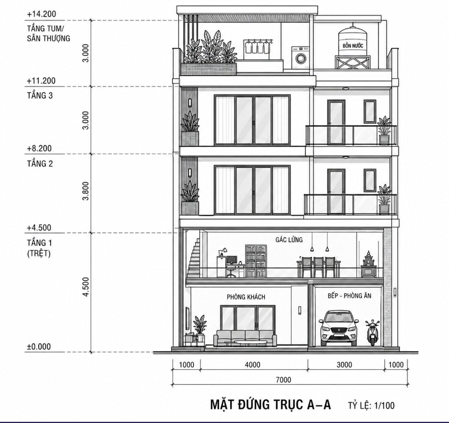 Thiết kế ngôi nhà 3 tầng có gác lửng tối ưu diện tích cho căn nhà đô thị