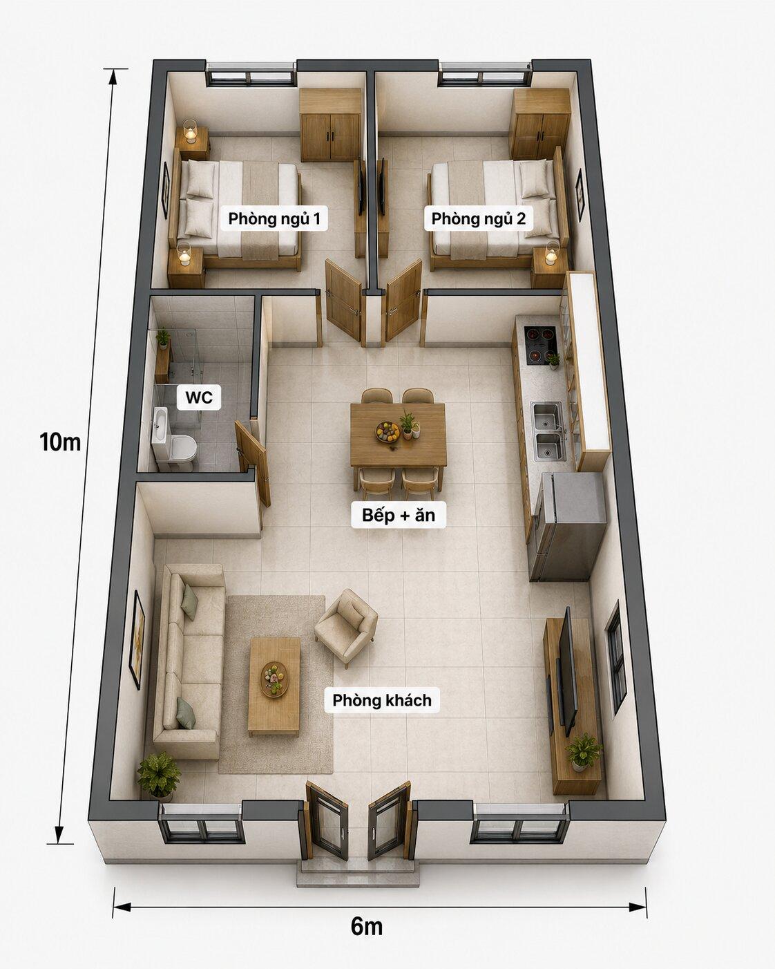 Gợi ý cách bố trí công năng trong nhà cấp 4 6x10m 2 phòng ngủ