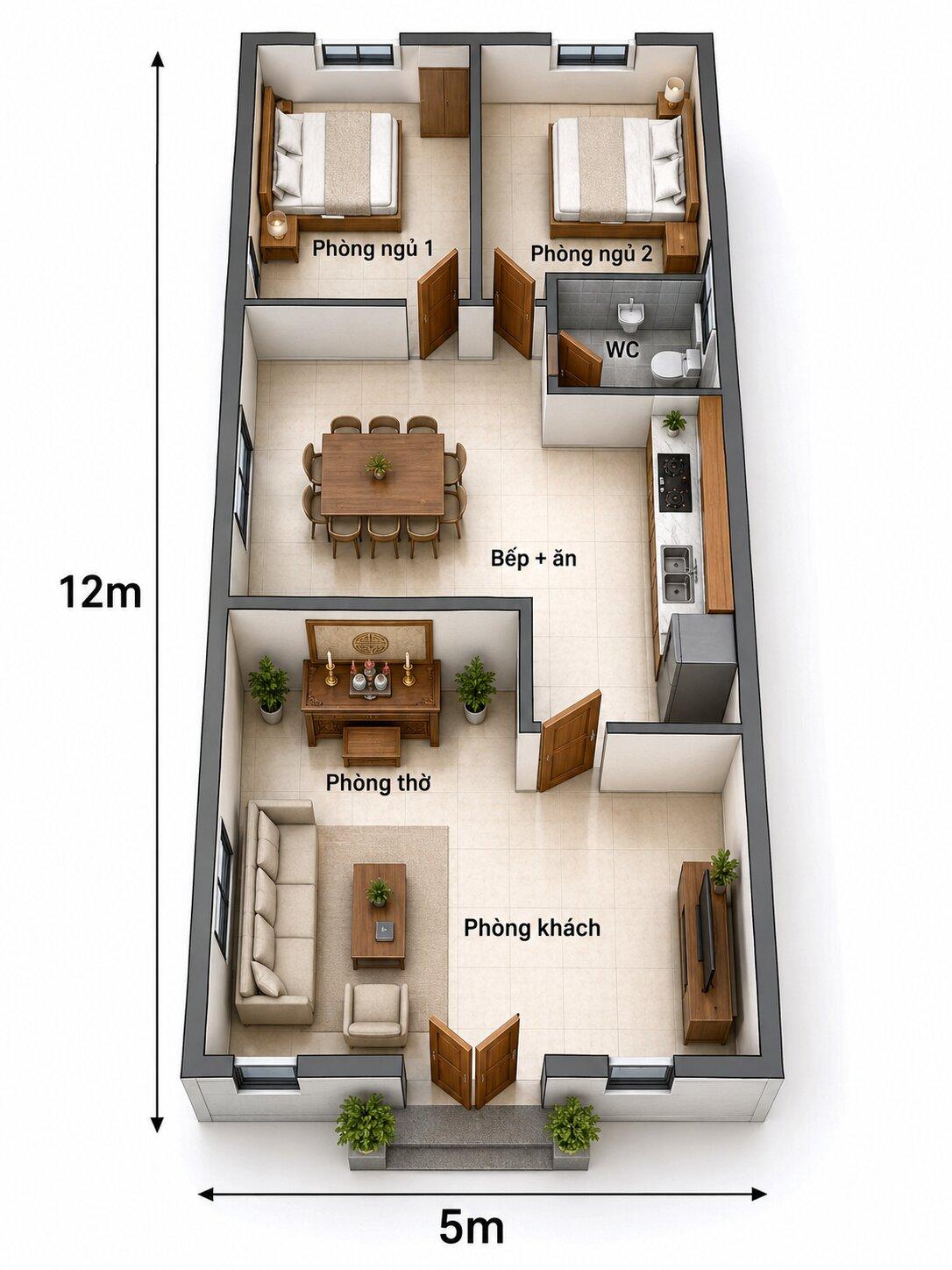 Gợi ý cách bố trí 2 phòng ngủ và 1 phòng thờ trong nhà cấp 4 5x12m