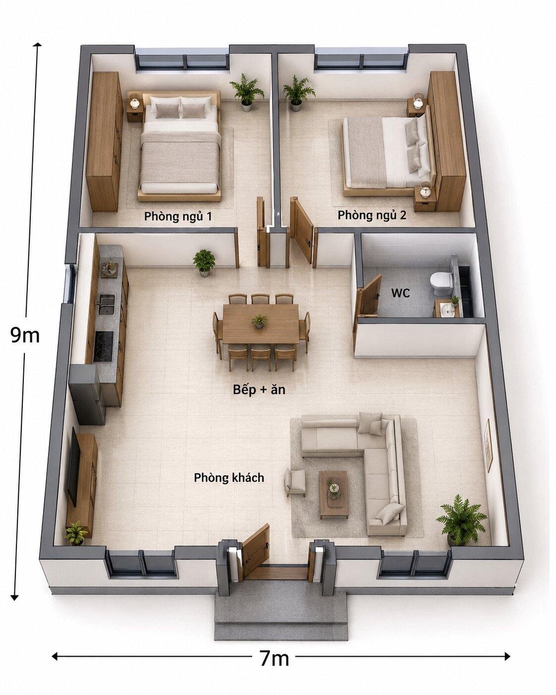 Gợi ý cách bố trí công năng 2 phòng ngủ trong nhà cấp 4 7x9m